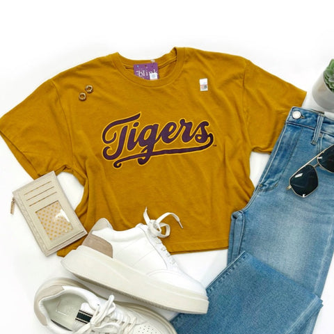 LSU Tigers Script Cropped Tee- Mustard