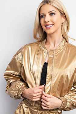 Matte Metallic Bomber Jacket- Gold