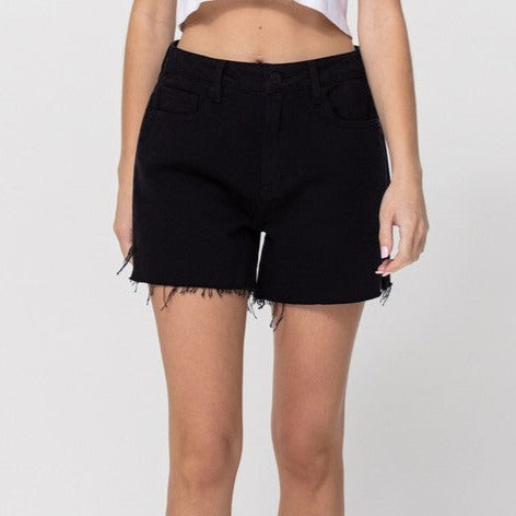 Sofie High Rise Mom Shorts With Side Slit- Black