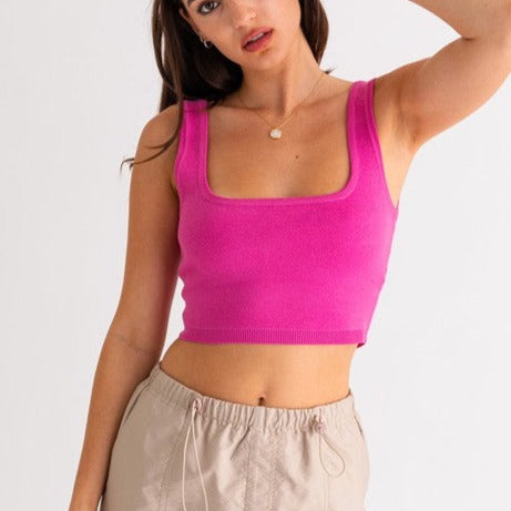 Square Neck Knit Tank- Pink