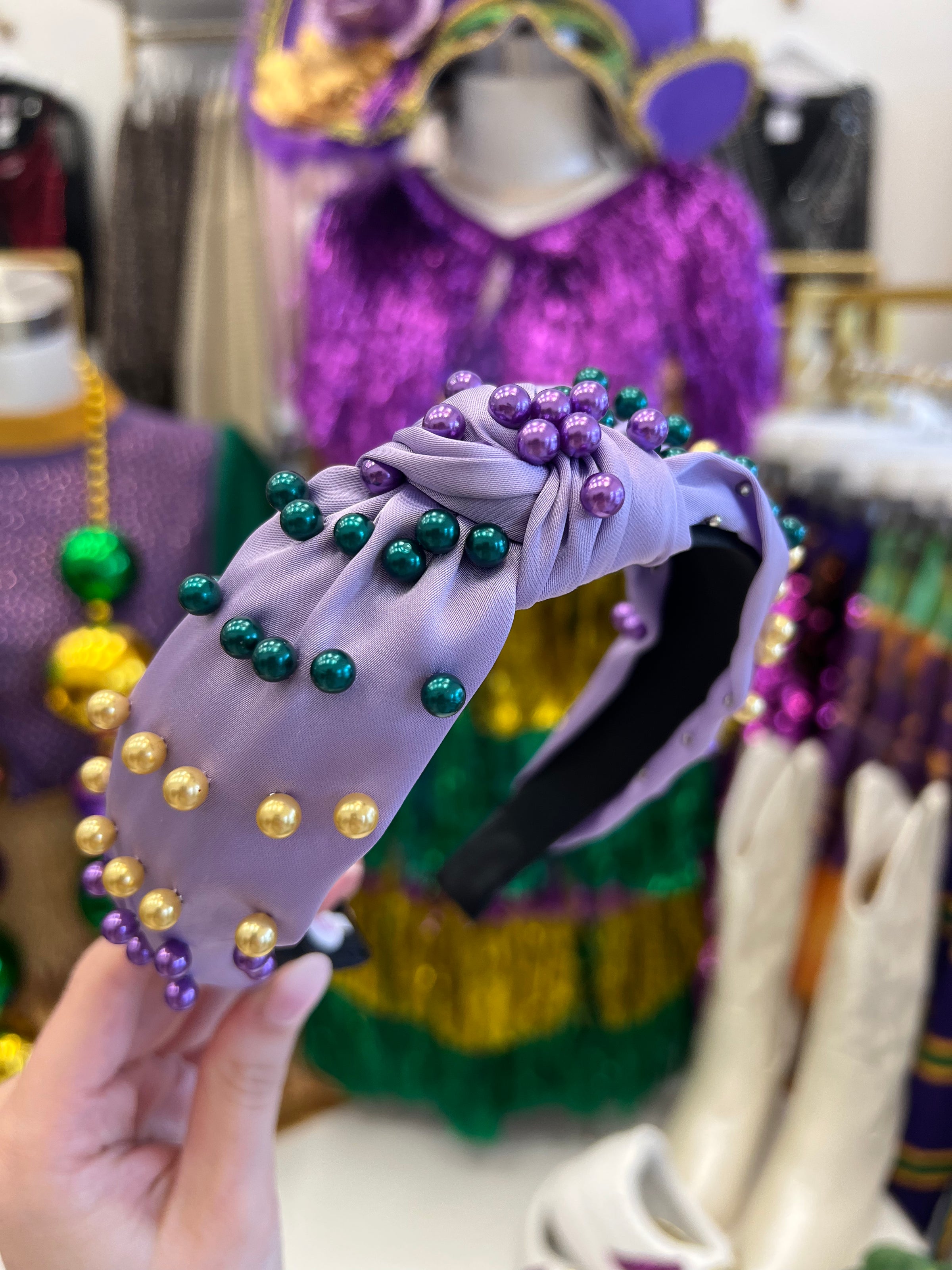 Pearl Mardi Gras Headband- Lavender